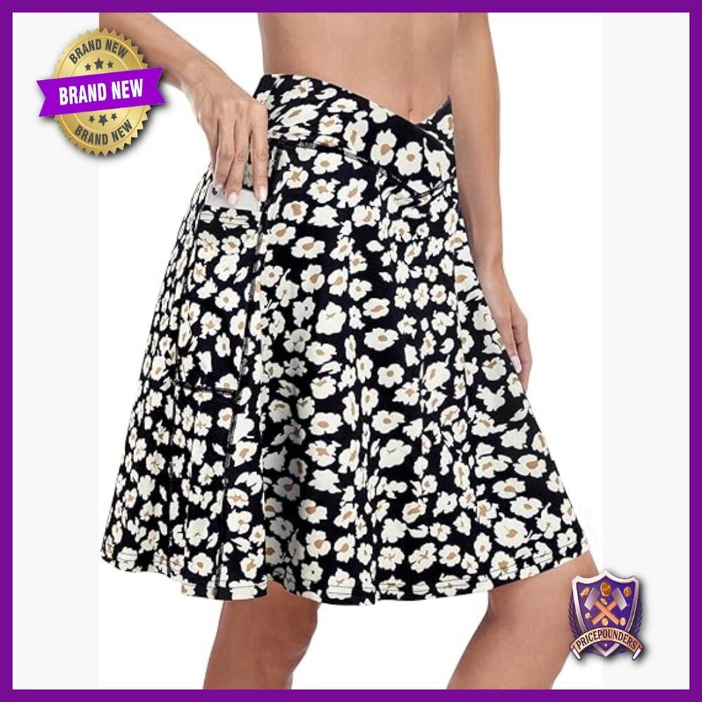 Knee Length Athletic Skort with Pockets Cross Waist Tennis Golf Skirt